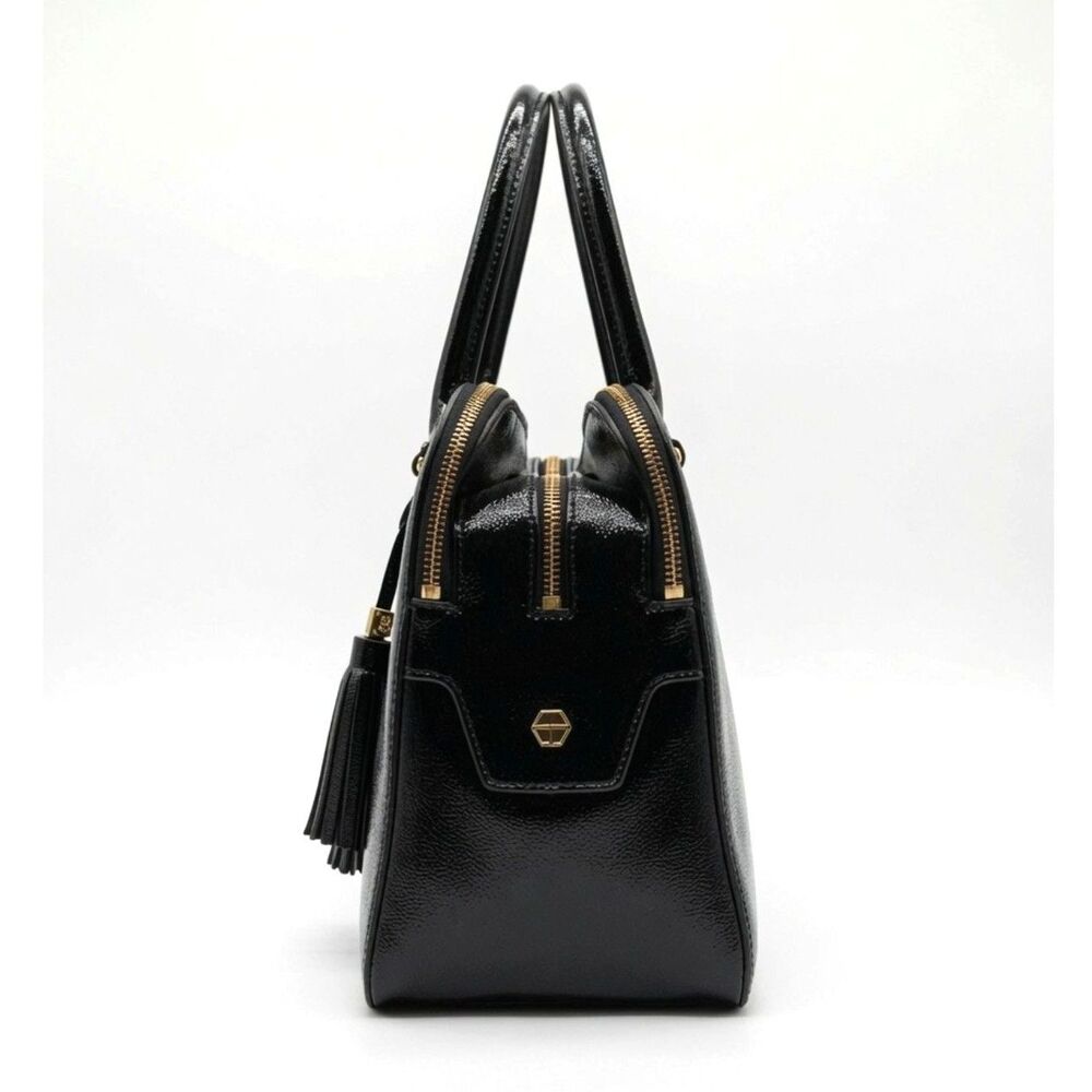 Tory Burch Thea Patent Tripple Zipper Quiet Luxury Black Embossed Logo Satchel - Picture 4 of 9